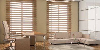 Office interior with wooden blinds