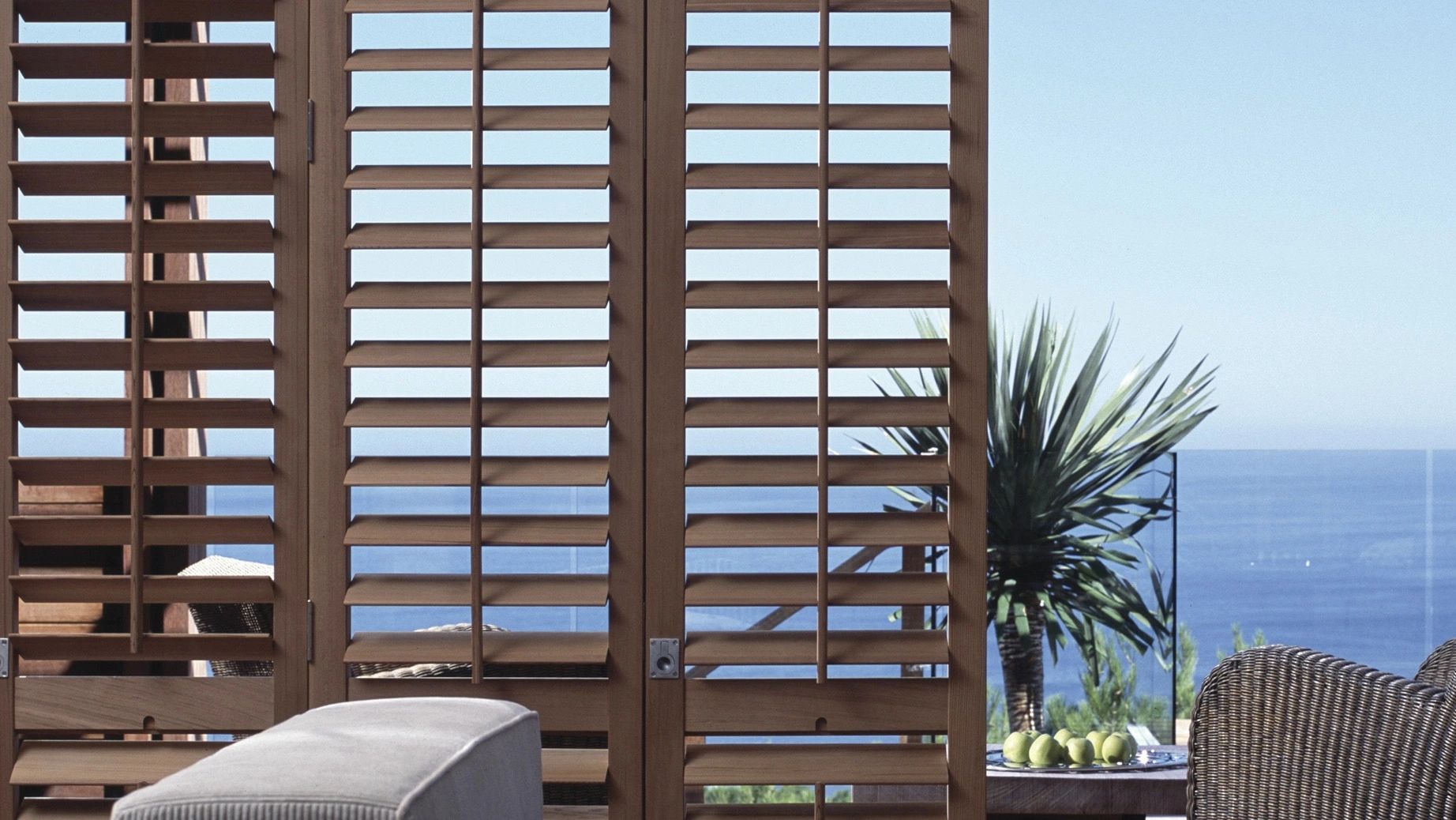 Coastal home exterior with hurricane shutters and palm tree
