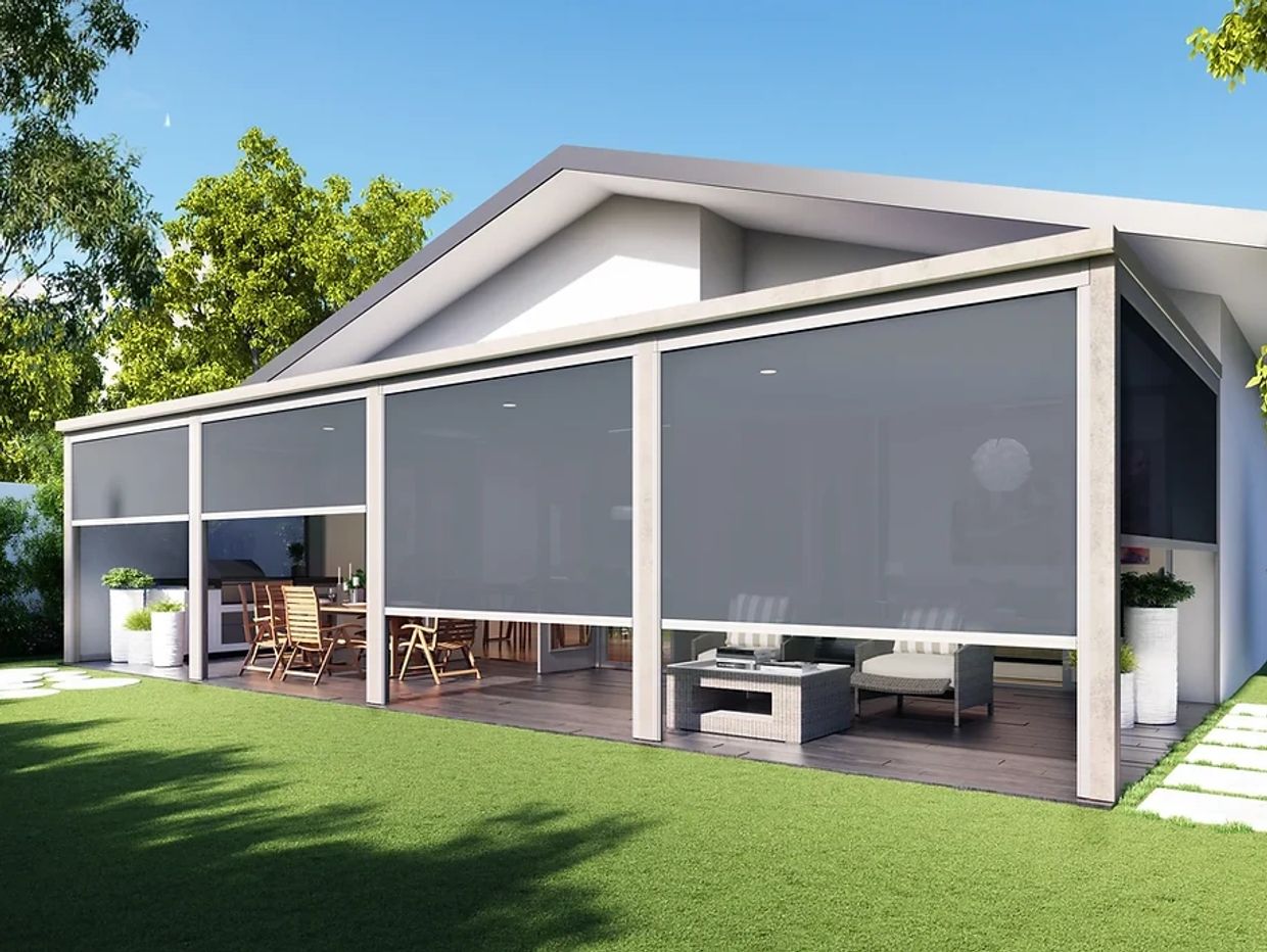 Motorized retractable storm screen on outdoor patio